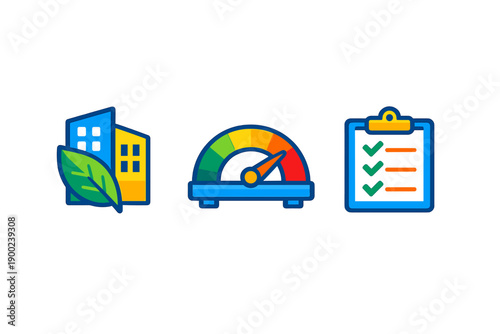 Icons show building, meter, and checklist representing sustainability, environmental impact, and project management in a business context