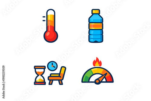 Icons of temperature, water, time, and measurement in a simple layout showing basic concepts related to these subjects