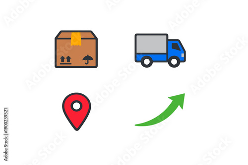 Delivery process includes a package, a delivery truck, a location pin, and an arrow showing direction for transport from sender to receiver