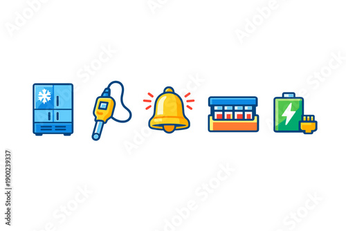 Icons of household items and tools display different types of appliances and tools used in daily tasks and activities during various times of the day