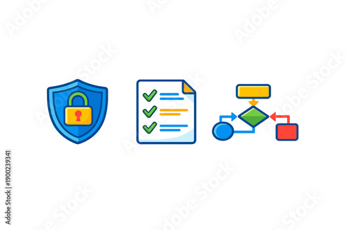Icons representing security, checklist, and flowchart used in technology updates on software systems and processes in a professional setting during a workday