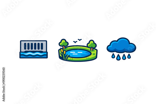 Water management symbols show a dam, a pond with trees, and rain, illustrating the connection between water sources and nature in a simple design
