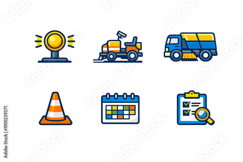 Construction and maintenance tools are shown in a simple design with cones, trucks, and work schedules in a project setting