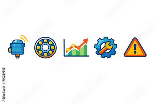 Different icons representing safety, machinery, data, and maintenance tasks in a straightforward design related to industrial work and analysis
