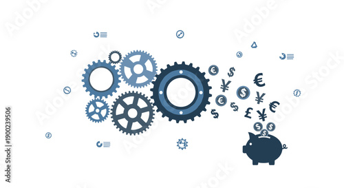 Mechanical gears driving financial savings into a piggy bank, with various international currency symbols floating