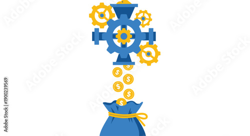 Industrial gears and funnel directing money into a blue bag, symbolizing efficient income generation and wealth