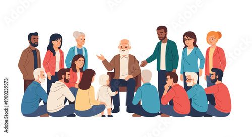 Diverse multi-generational community gathered, attentively listening to an elderly man sharing stories, fostering