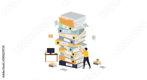 Busy person overwhelmed by a towering stack of office documents and folders, symbolizing extensive paperwork and