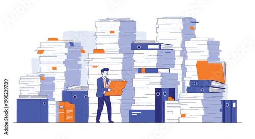 Businessman navigating through an extensive sea of stacked documents and files, representing overwhelming