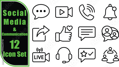 A collection of twelve social media and communication icons for various applications
