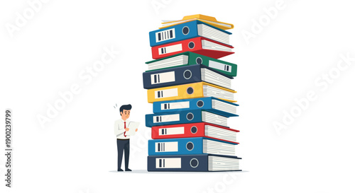Stressed businessman looking at an enormous stack of colorful binders, representing overwhelming administrative work