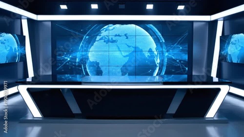 Modern news studio with sleek blue background and illuminated desk