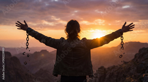 Spirit soars free above the majestic mountains as golden sunset rays illuminate a triumphant escape from chains