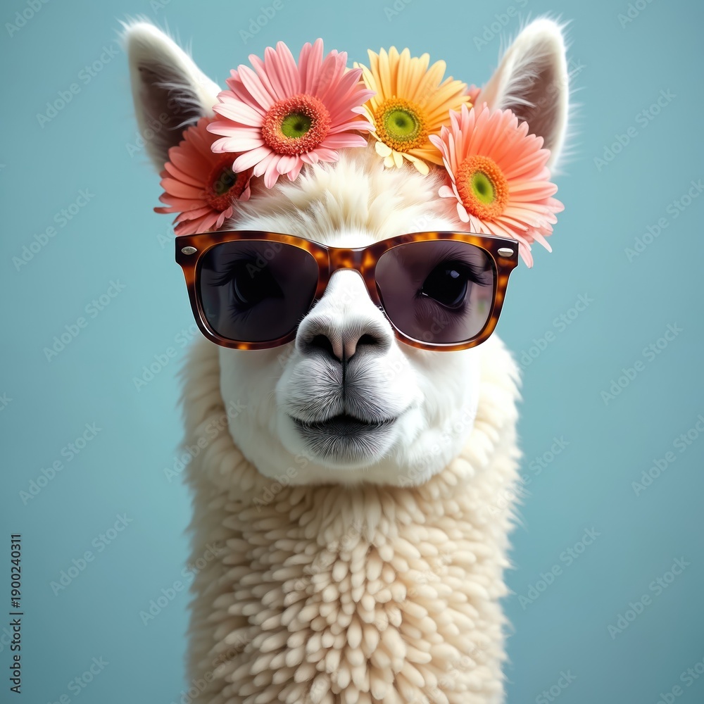 Obraz premium White llama wears sunglasses and flowers on head, posing against blue background. It looks stylish and cool. Animal portrait with summer vibe, perfect for fashion or quirky ad campaigns.