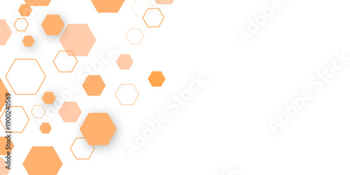 Abstract orange hexagon science and technology background combining geometric honeycomb shapes, molecular network lines, and digital circuit patterns on white with minimalist copy space for vector. 