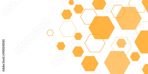 Modern abstract orange hexagon background with geometric honeycomb patterns, digital circuit lines, and molecular network elements on transparent, designed for scientific headers, technology layouts.