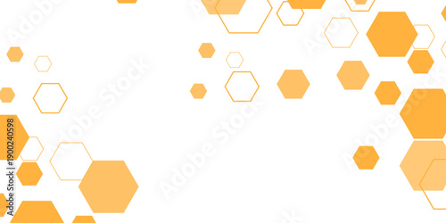 Abstract orange hexagon technology background with geometric honeycomb shapes, molecular network lines, and digital circuit patterns on white, created for modern science design, headers, and clean cop