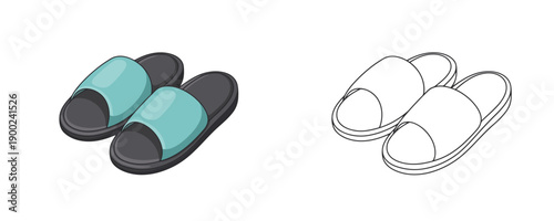 Rubber slide slippers in hand-drawn cartoon style turquoise and black colors comfortable footwear used for home pool or beach wear on white background
