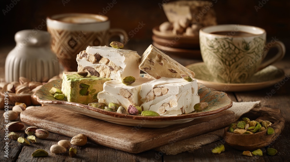 Fototapeta premium Assorted Traditional Sweets on Plate with Nuts and Coffee Cups in Cozy Setting for Culinary Photography and Food Blogging