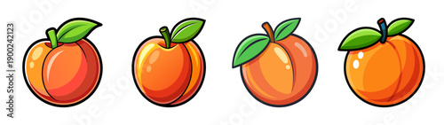 Cartoon style A vector graphic illustration of four vibrant orange peaches with green leaves on a transparent background