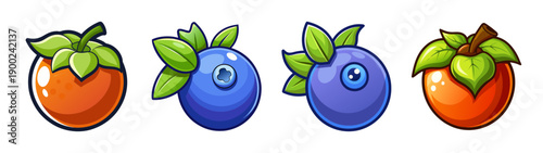 Cartoon style A vector graphic illustration of four colorful fruit icons including an orange and two blueberries with green leaves on a transparent background