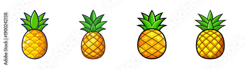 Cartoon style A vector graphic illustration of four yellow pineapples with green leaves on a transparent background