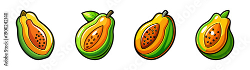 Cartoon style A set of colorful papaya illustrations in different stages of being cut open on a transparent background