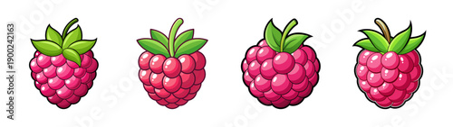 Cartoon style A vector illustration of four vibrant pink raspberries with green leaves on a transparent background