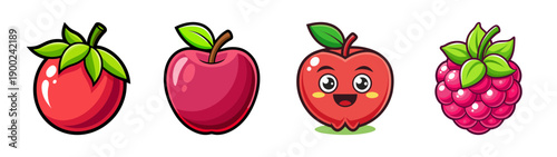 Cartoon style A vector graphic illustration of four colorful cartoon fruits including apples and a raspberry on a transparent background