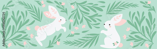 Soft Pastel Bunny Scene with Playful Green Meadow and Charming Spring Companions