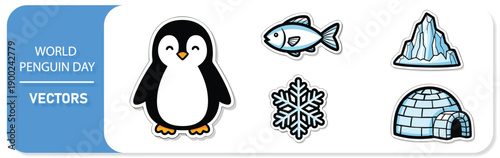 World Penguin Day stickers with penguin, fish, iceberg, snowflake, igloo