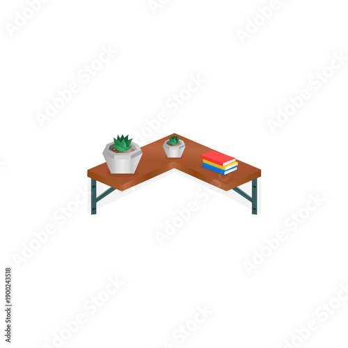 Isometric Industrial Floating Shelf with Succulent Plants and Stack of Colorful Books, Modern Wall Interior Decor Illustration