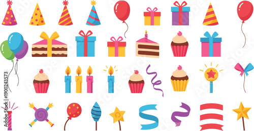 Birthday Party Celebration Icon Set with Cake, Cupcakes, Gifts, Balloons, Candles, Party Hats, Confetti, Ribbons, and Festive Decorative Elements