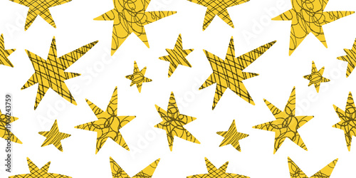 Vector seamless pattern with hand drawn yellow star on white background. Playful scribble astronomy wallpaper for kids room decor, wrapping paper, textile, party stationery and festive holiday design.