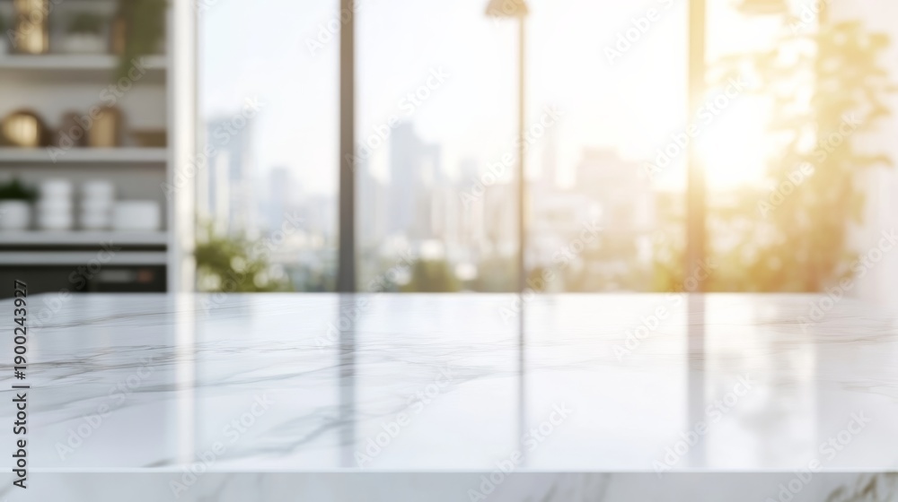 Fototapeta premium Bright morning sunlight shining on empty white marble countertop in modern kitchen space for product display and mockups