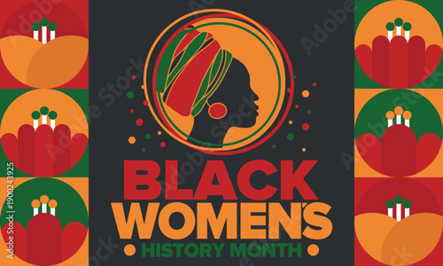 Black Women's History Month annual celebrated in April. International holiday in honor of the achievements of black women with roots in Africa of the past, future and present. Black woman silhouette