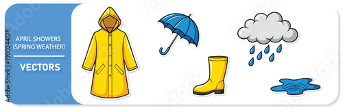 Spring weather icons with raincoat, umbrella, and boots