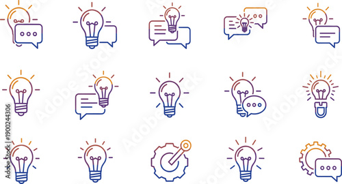 Idea and Innovation Icon Set with Light Bulbs, Chat Messages, Creativity, Brainstorming, Communication, and Problem Solving Concepts for Modern Design