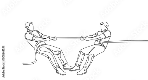 Two men pulling rope in tug of war competition in outline style  