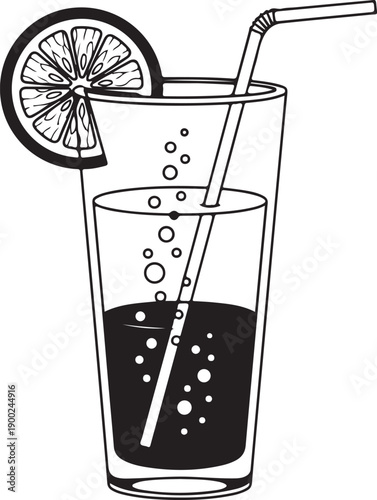 Refreshing drink in tall glass with orange slice and straw, black outline