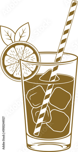 Refreshing iced drink with lemon slice and straw, golden outline on checkered background