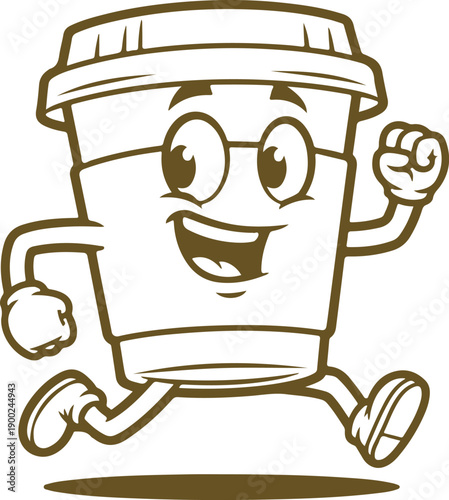 Running coffee cup mascot cartoon character illustration in vintage retro style