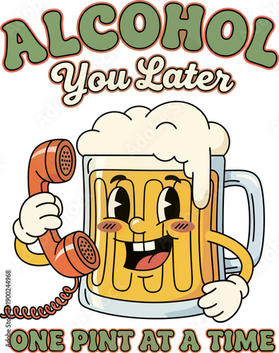 Retro rubber hose cartoon beer mug character holding vintage telephone receiver