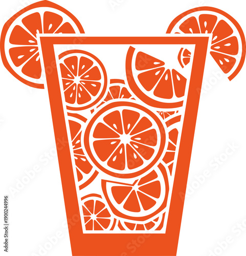 Tall glass filled with orange slices and two slices on rim transparent background