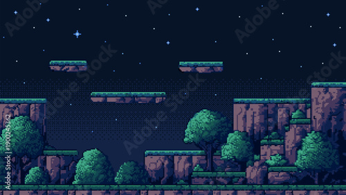 Pixel art game background with night forest landscape and stars. Retro video game level design. Platformer arcade graphic asset.