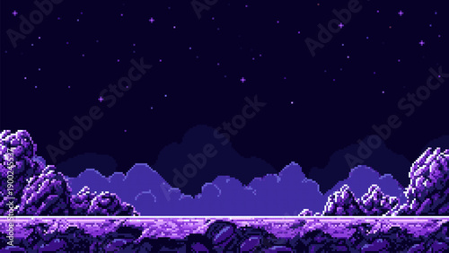 Pixel art landscape with purple mountains and night sky with stars. Retro 8 bit background for video game, level design, or digital animation.