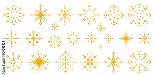 Set of pixelated orange stars, flashes and sparkles. Retro game art elements. Pixel art effects for video game design and user interface.
