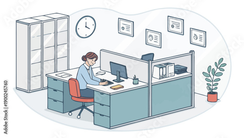 Woman Working at a Computer in an Open Office Cubicle with Filing Cabinets and Plants, showing modern office life and employee productivity.