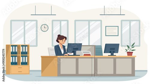 Woman Working at a Computer in an Office Cubicle with Filing Cabinets and Plants, depicting office work, administration, and a professional environment.