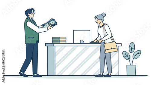 Man Handing Money to a Woman at a Bank Counter with a Computer, depicting a financial transaction, customer service, and banking operations.